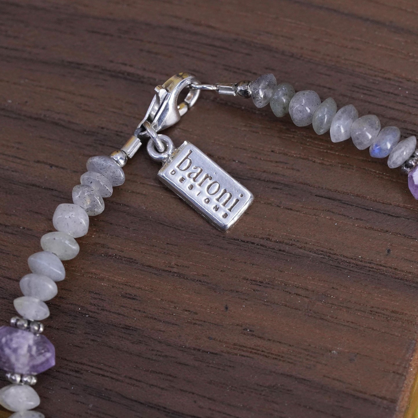6.75", Baroni Sterling silver bracelet, moonstone amethyst beads chain