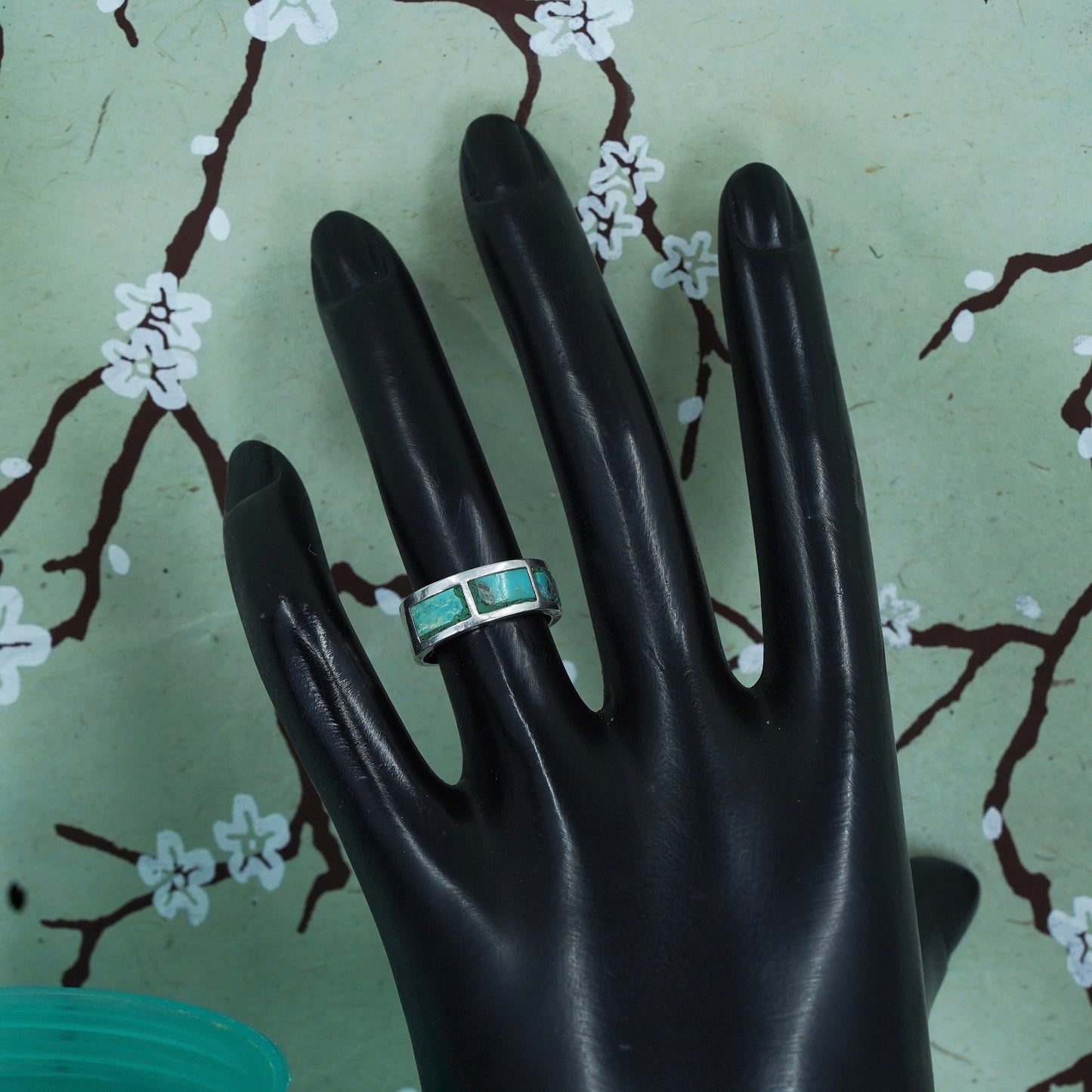 Size 5.25 Native American bell post sterling silver ring, 925 band w/ turquoise