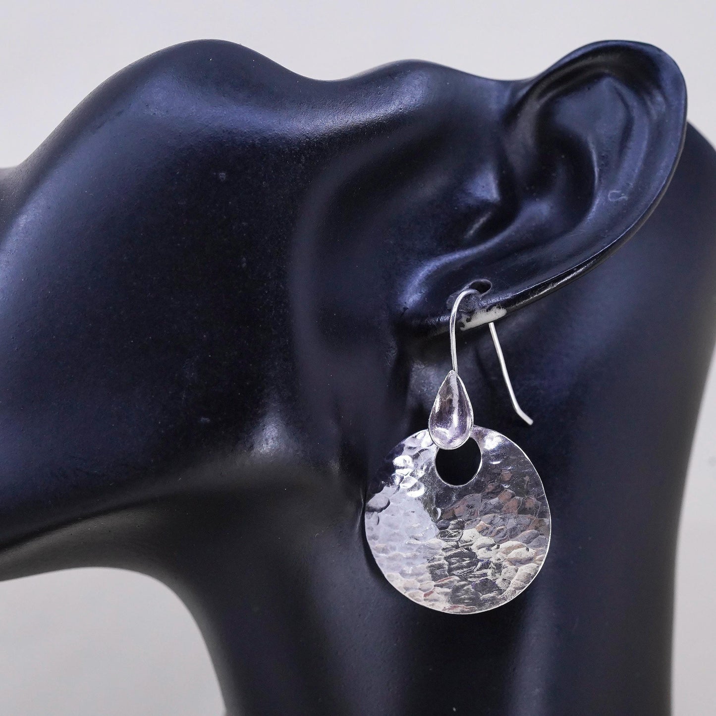 Vintage sterling silver handmade earrings, 925 silver round dangles hammered