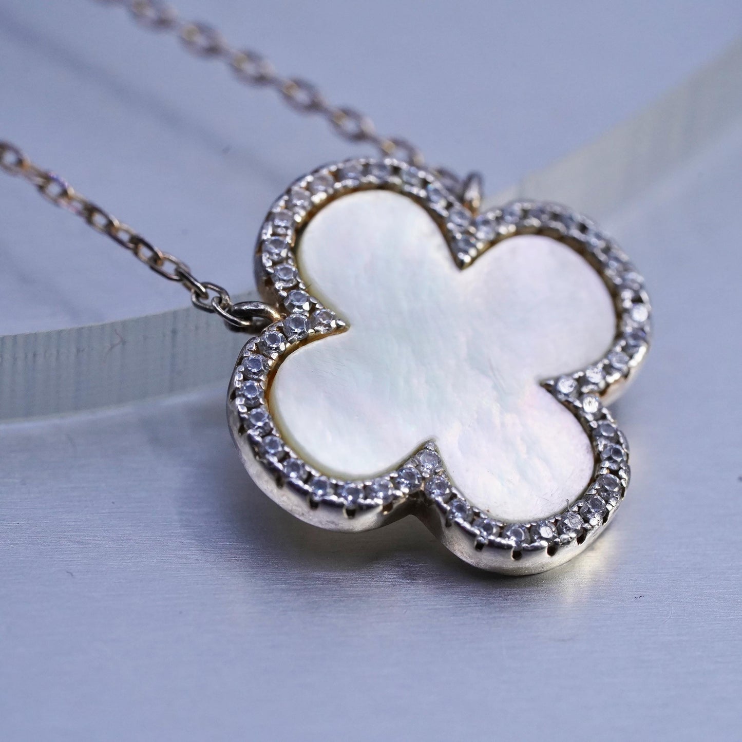 16+2", vermeil gold Sterling 925 silver necklace mother of pearl flower pendant