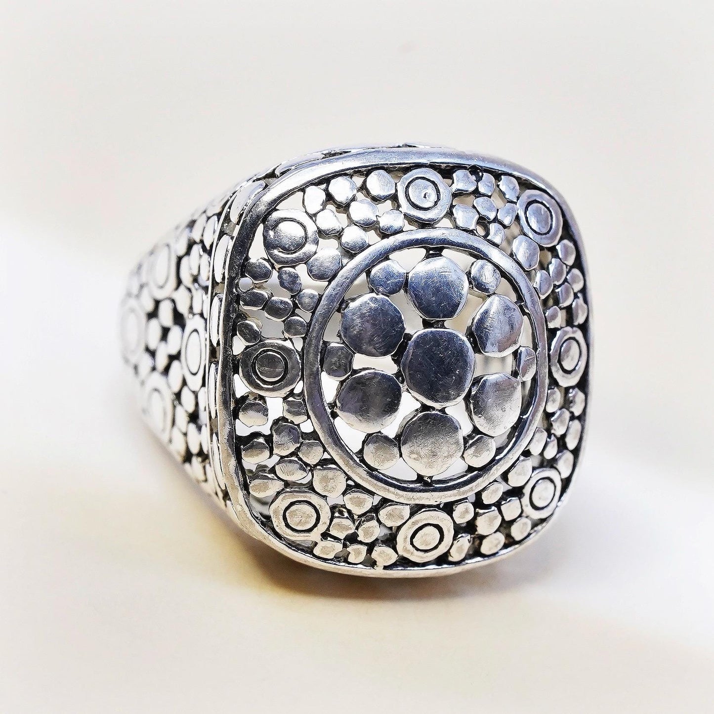 Size 7, vintage sterling silver handmade statement ring, 925 dotted boxy band