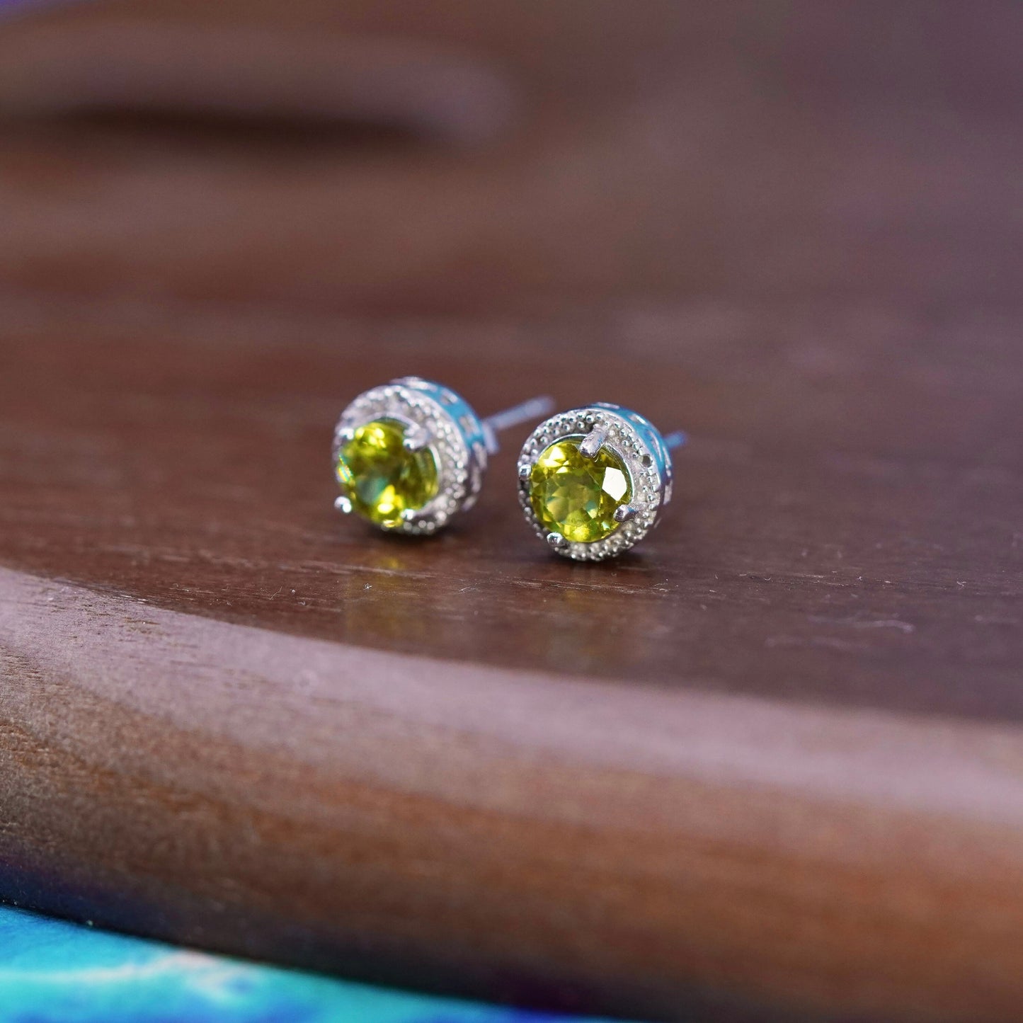 Vintage sterling silver handmade earrings, 925 studs with peridot and diamond