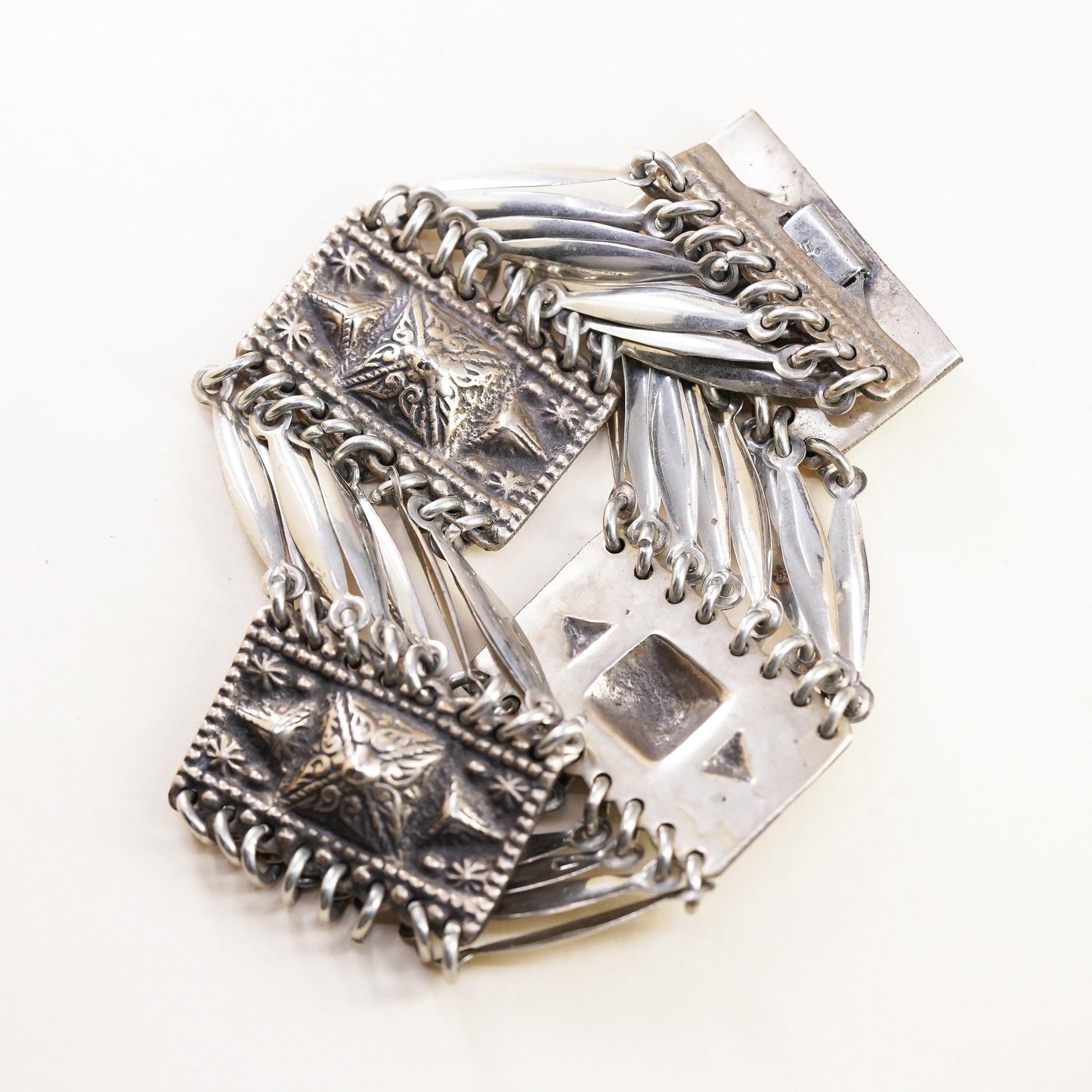 7”, Vintage Sterling 925 Silver Bracelet, Ornate Tribal, Multi Strand Cuff