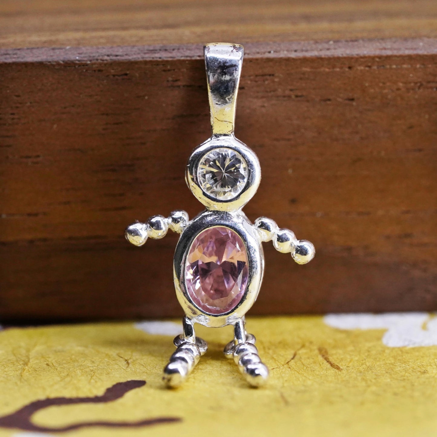 Vintage Sterling 925 silver birthstone pendant pink crystal, baby boy figure