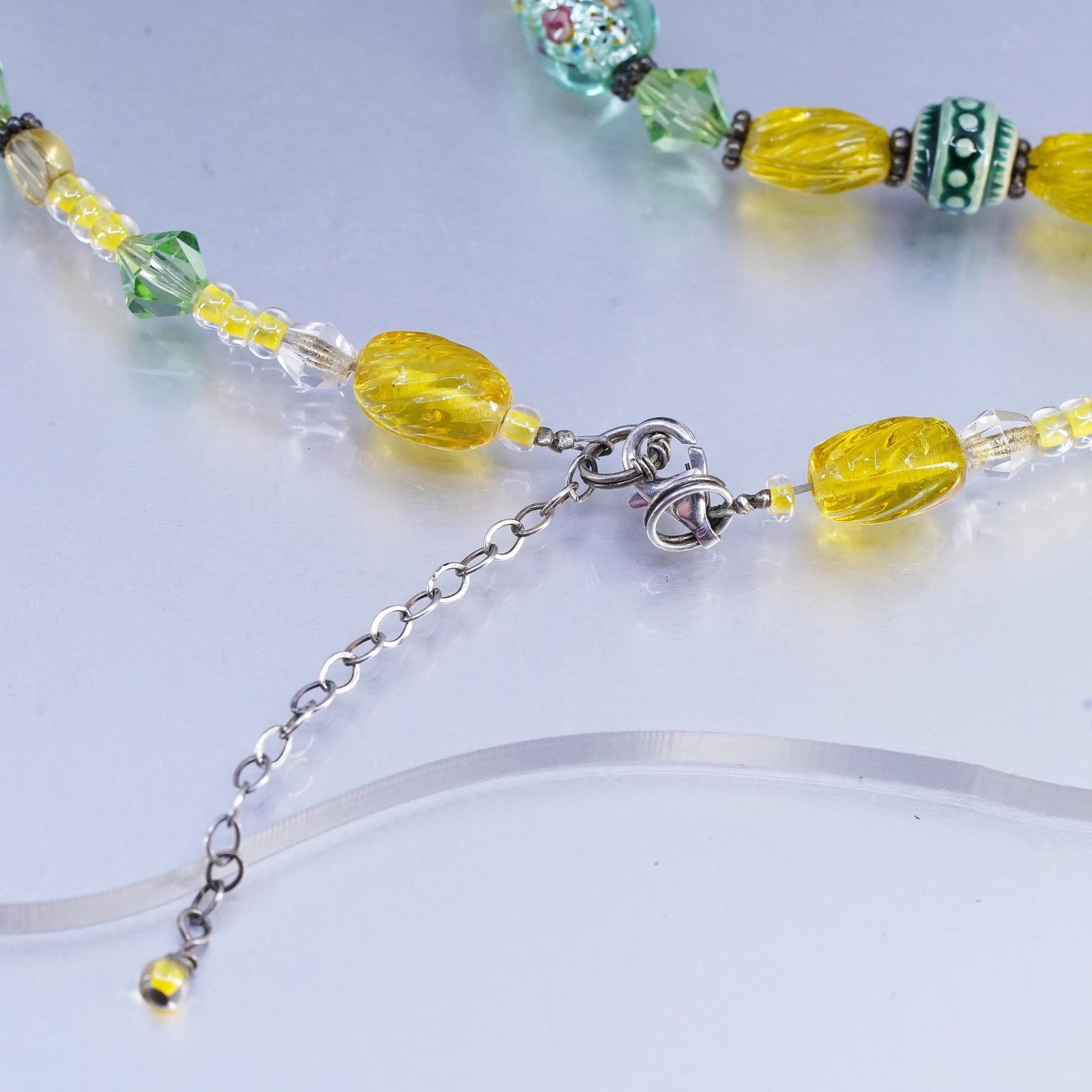 16+2", Sterling Silver 925 necklace green yellow artisan glass beads and Morgan