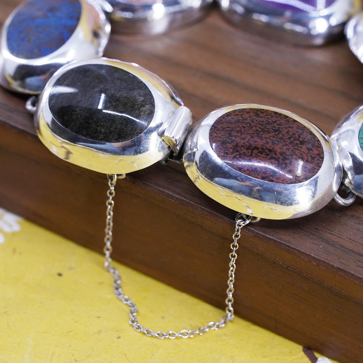 7.75", Mexican AM Sterling 925 silver bracelet turquoise obsidian jasper onyx
