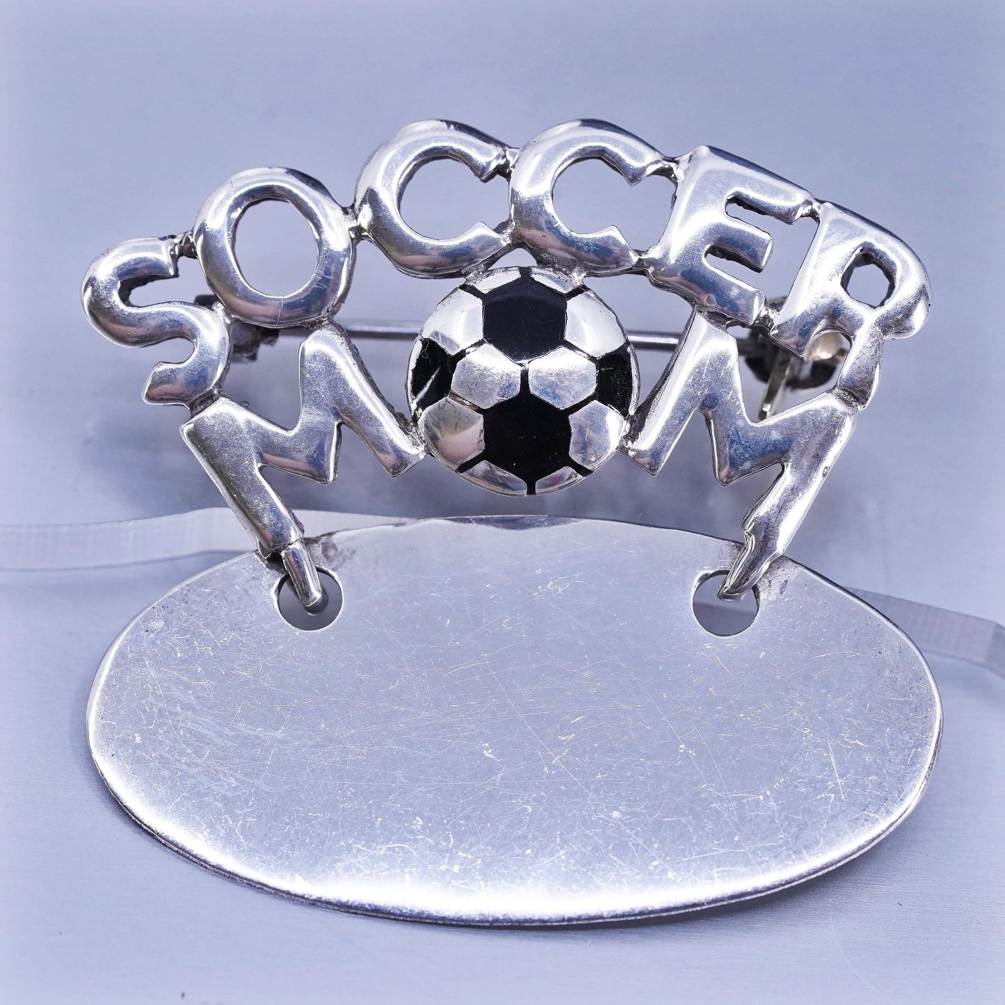 Vintage sterling silver handmade brooch, 925 soccer mom pin with blank tag
