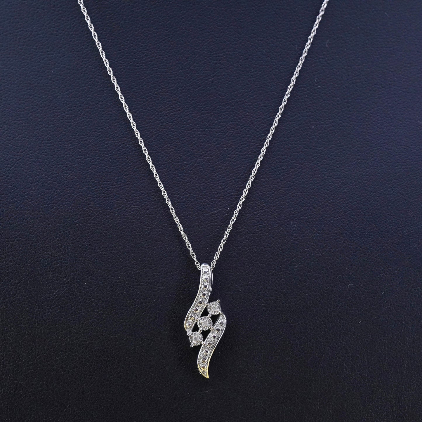18” Sterling silver necklace, 925 Singapore rope chain wavy pendant diamond