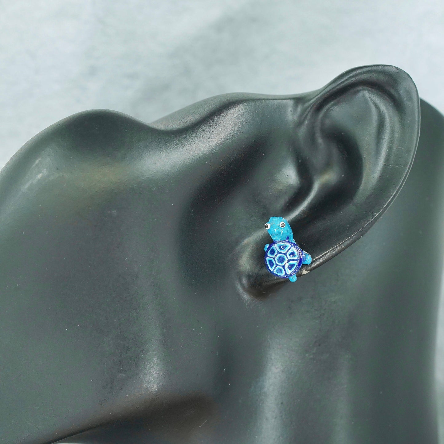 Vintage silver tone earrings, studs with blue turtle inlay