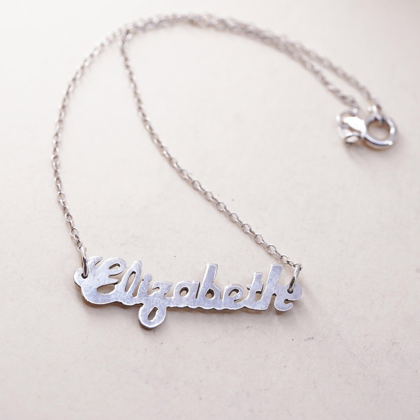 9.25", Vintage sterling silver bracelet, 925 circle chain name tag Elizabeth