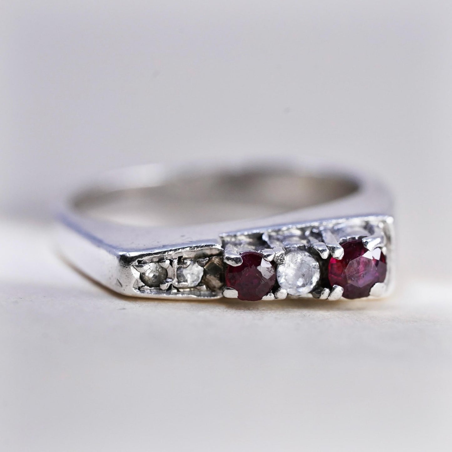 Size 6, Vintage sterling silver handmade ring, 925 stackable band with ruby cz