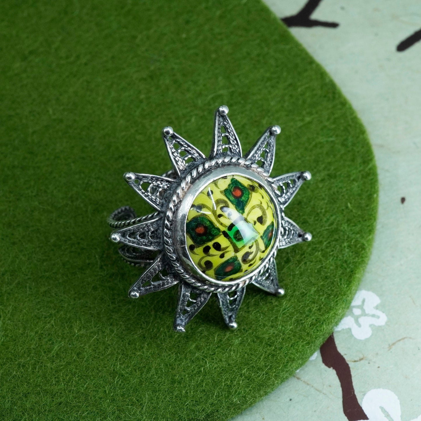 Size adjustable, Sterling silver ring, 925 filigree flower band artisan glass