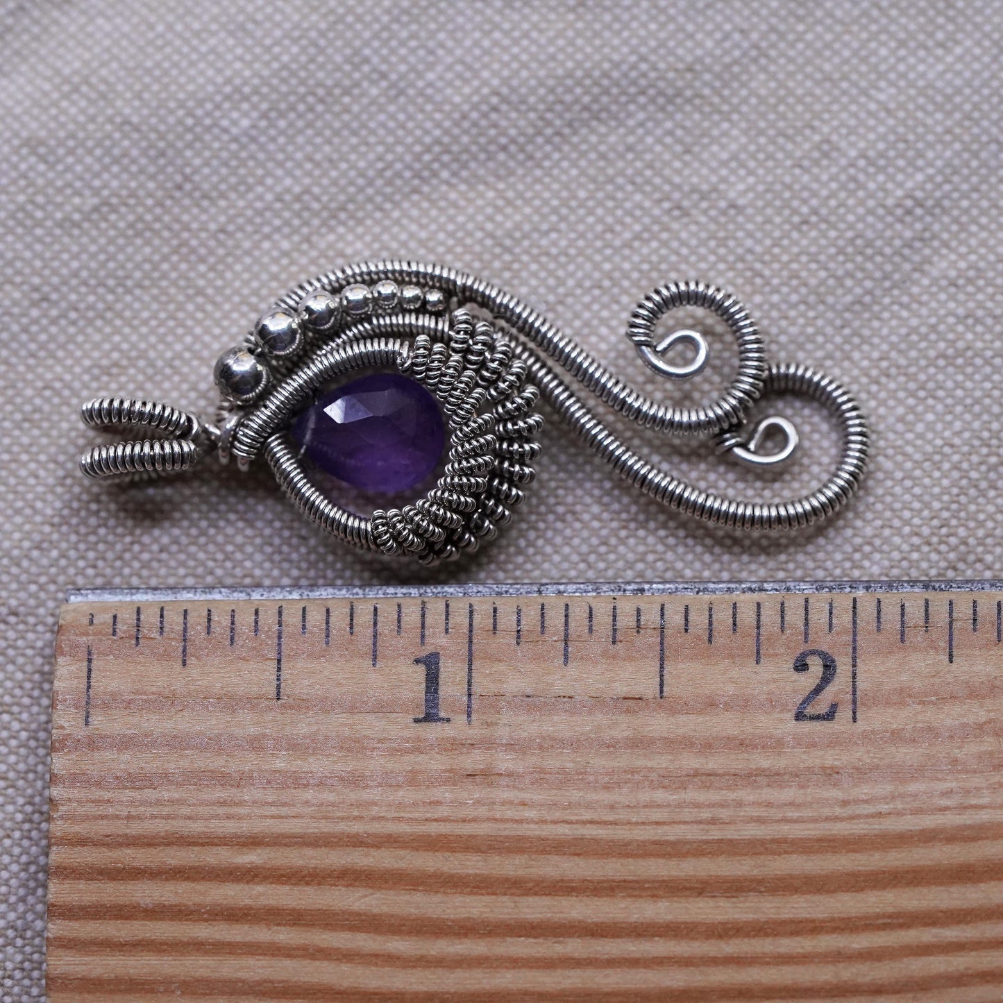 Vintage Sterling silver handmade pendant, 925 wired teardrop with amethyst