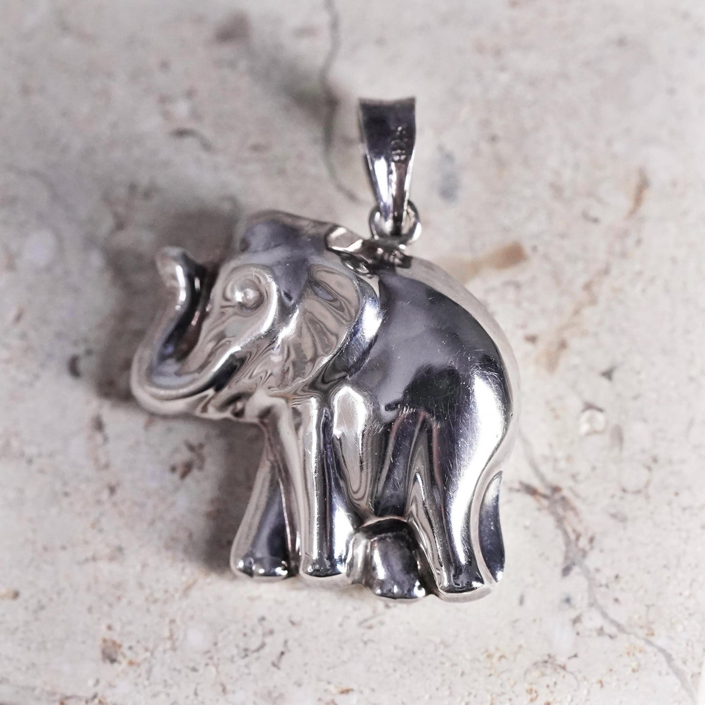Vintage Sterling silver handmade pendant, puffy 925 silver elephant charm