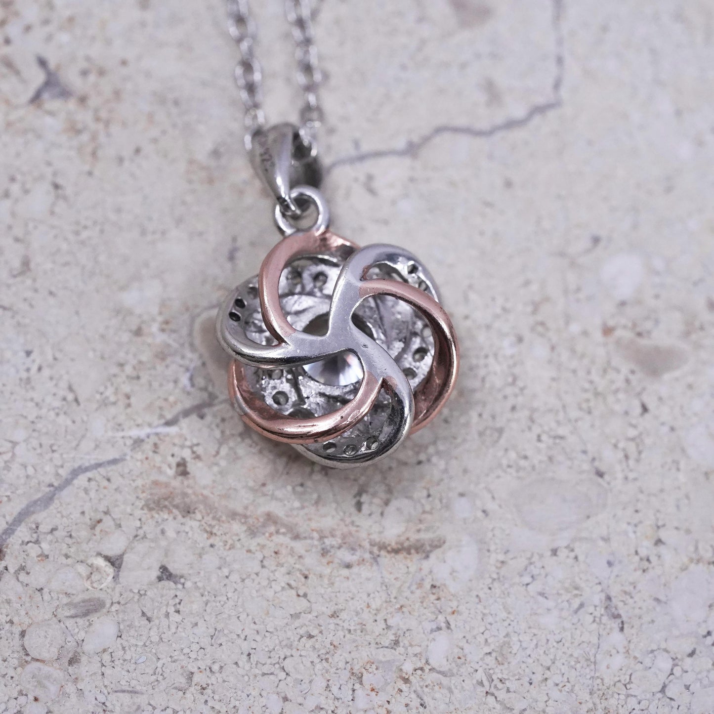 18”, vintage Sterling silver handmade necklace, 925 circle chain w/ cz pendant