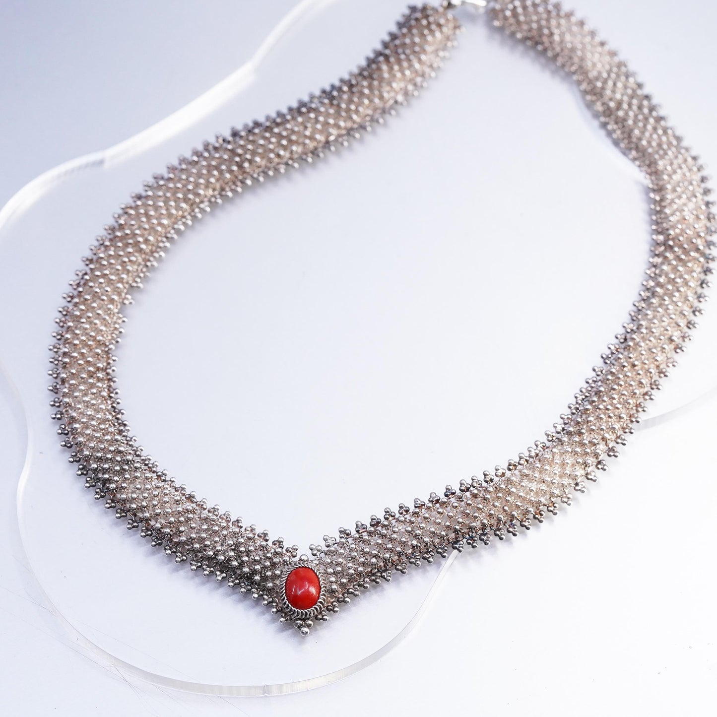 16" Italian Sterling 925 silver wide beaded chain necklace red onyx pendant