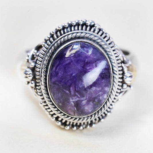 Size 7, VTG 925 Sterling silver ring with 14K Gold leaf, oval amethyst cable