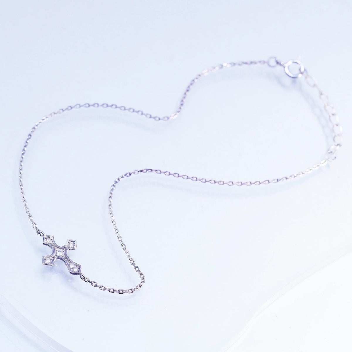 9+1", Vintage Sterling 925 silver bracelet, flatten circle chain CZ cross charm