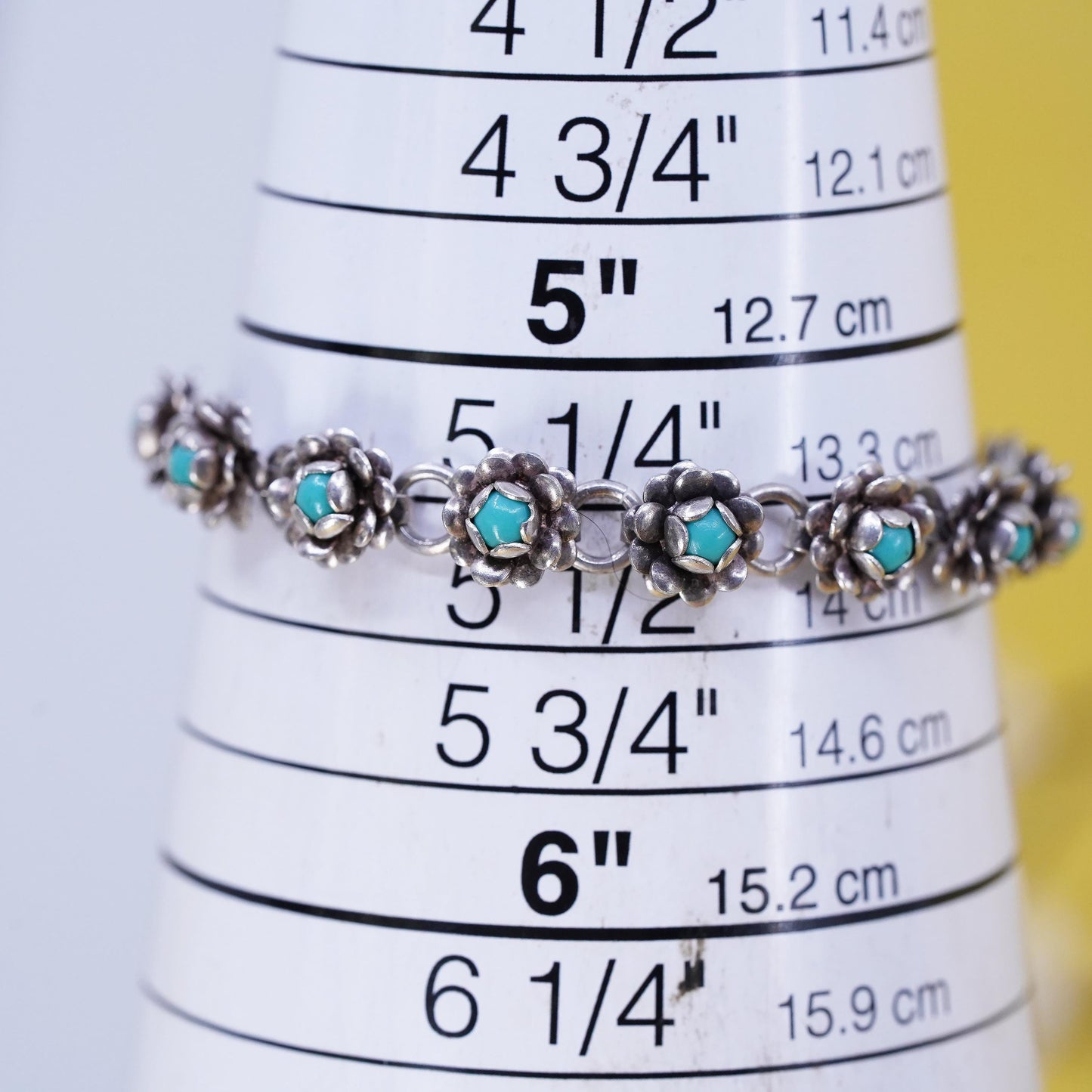 5.5", Vintage Sterling silver bracelet, southwestern 925 flower with turquoise