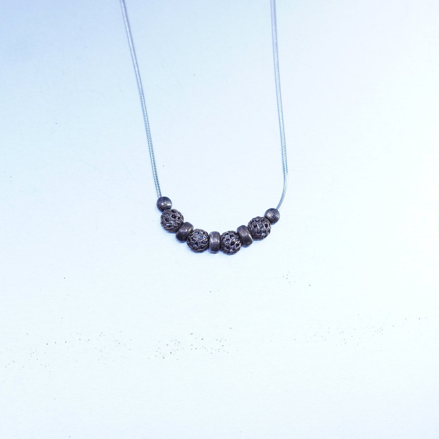 20”, Sterling 925 silver handmade snake necklace with textured bead pendant