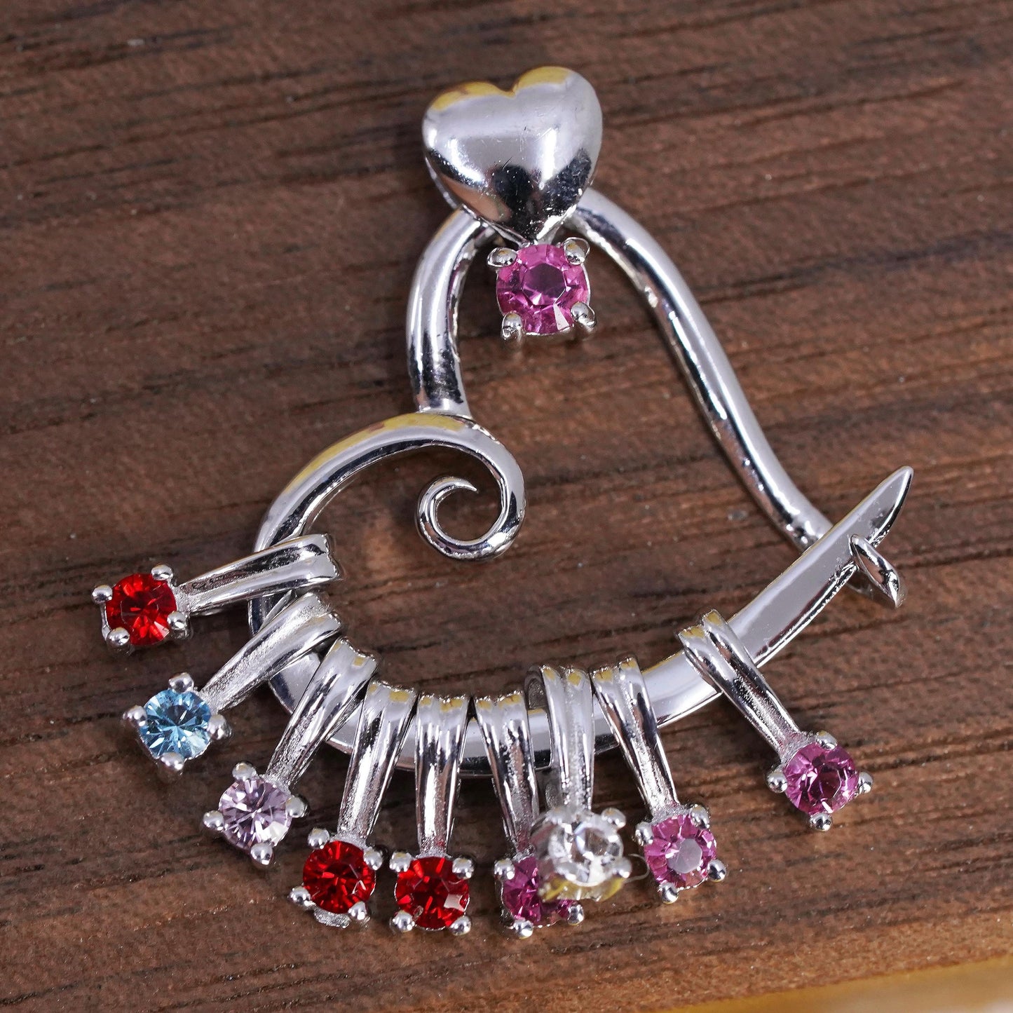 Vintage Sterling silver pendant, 925 double heart with ruby and crystal