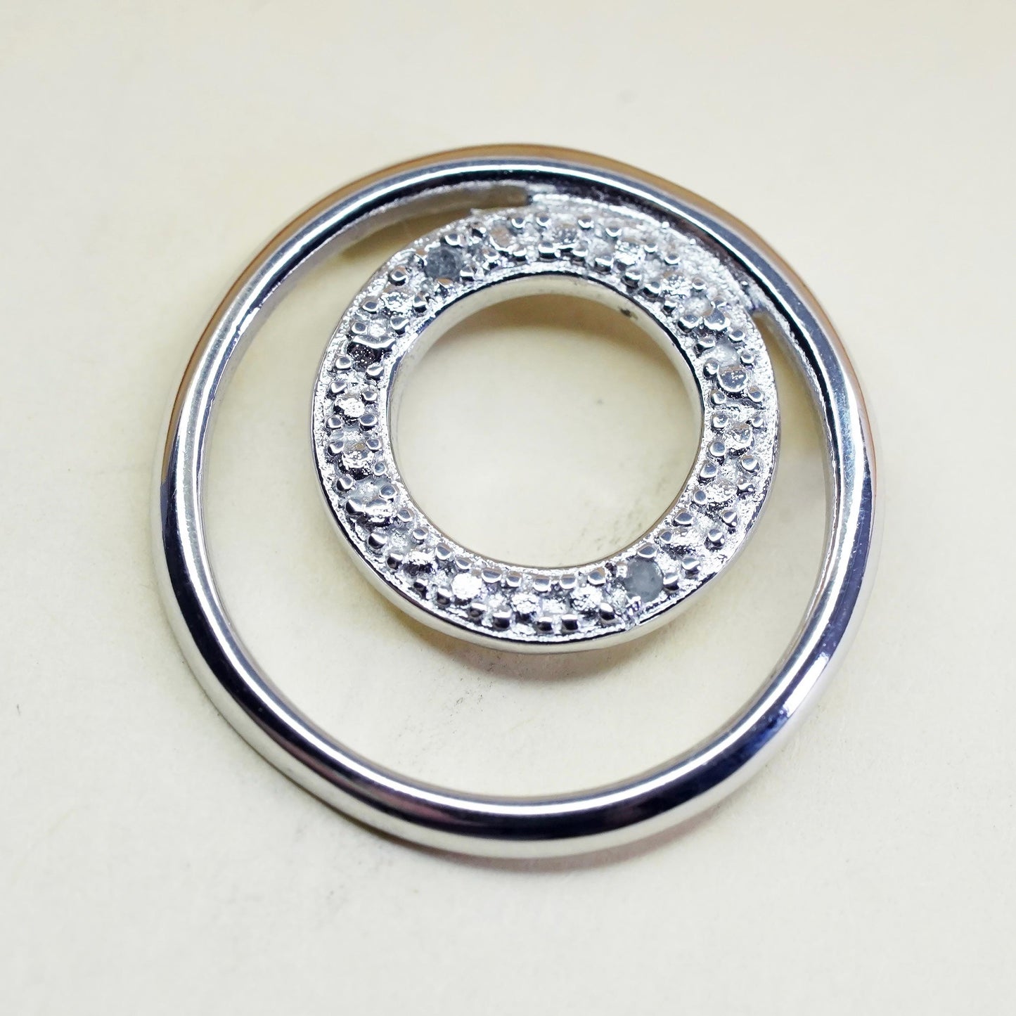 Vintage modern sterling silver pendant, 925 double circle with diamond