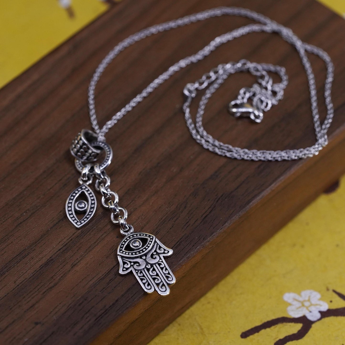 16+2” Sterling 925 silver rope necklace hamsa healing hand, evil eye pendants