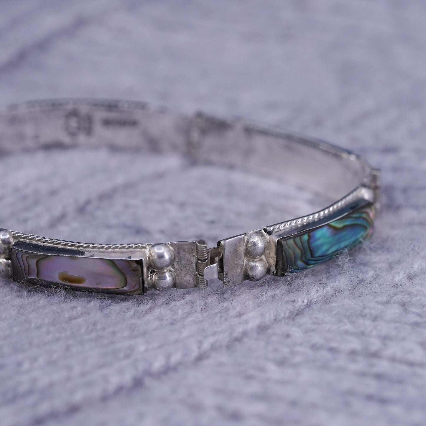 6.75", vintage Mexican Sterling 925 silver handmade tennis bracelet w/ abalone