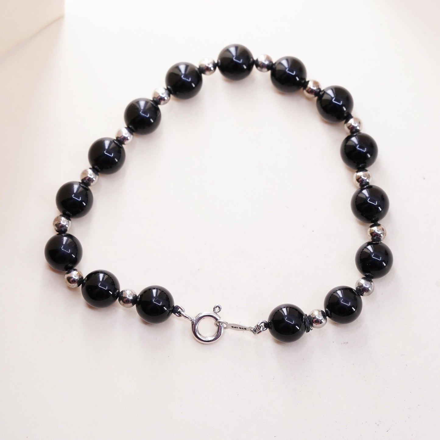 7” 7mm, Vintage Sterling 925 silver handmade bracelet with onyx beads