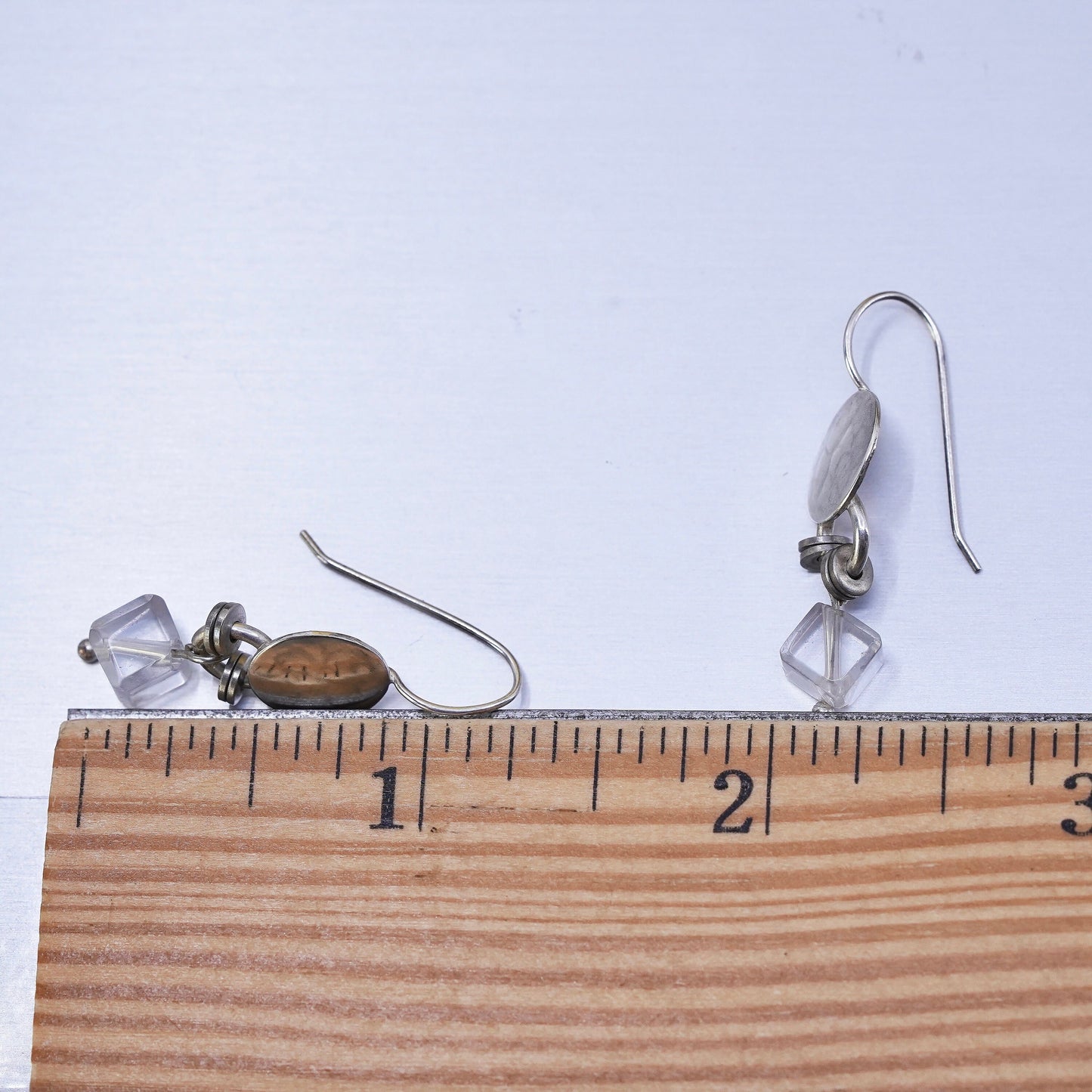 Vintage handmade sterling silver earrings, 925 hammered disc with crystal cube