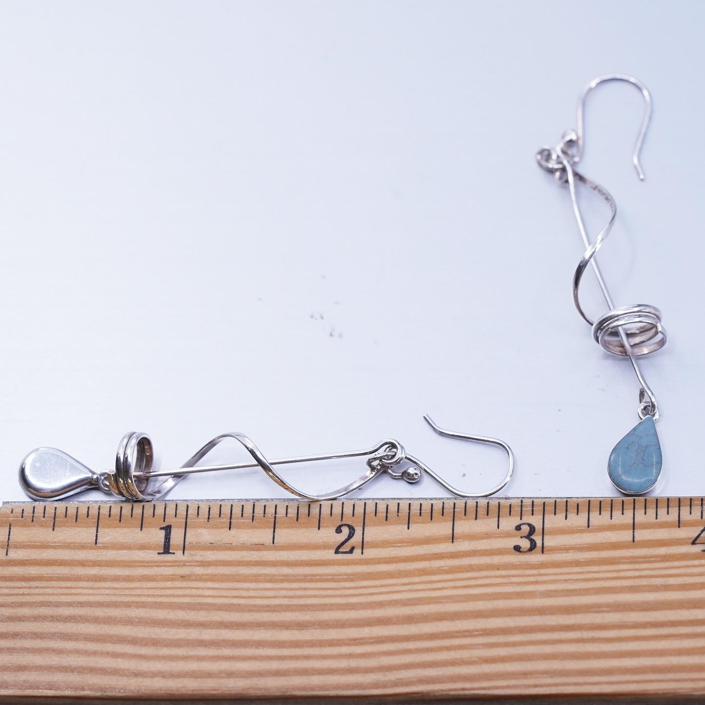 Vintage Mexican sterling 925 silver handmade spiral earrings teardrop turquoise