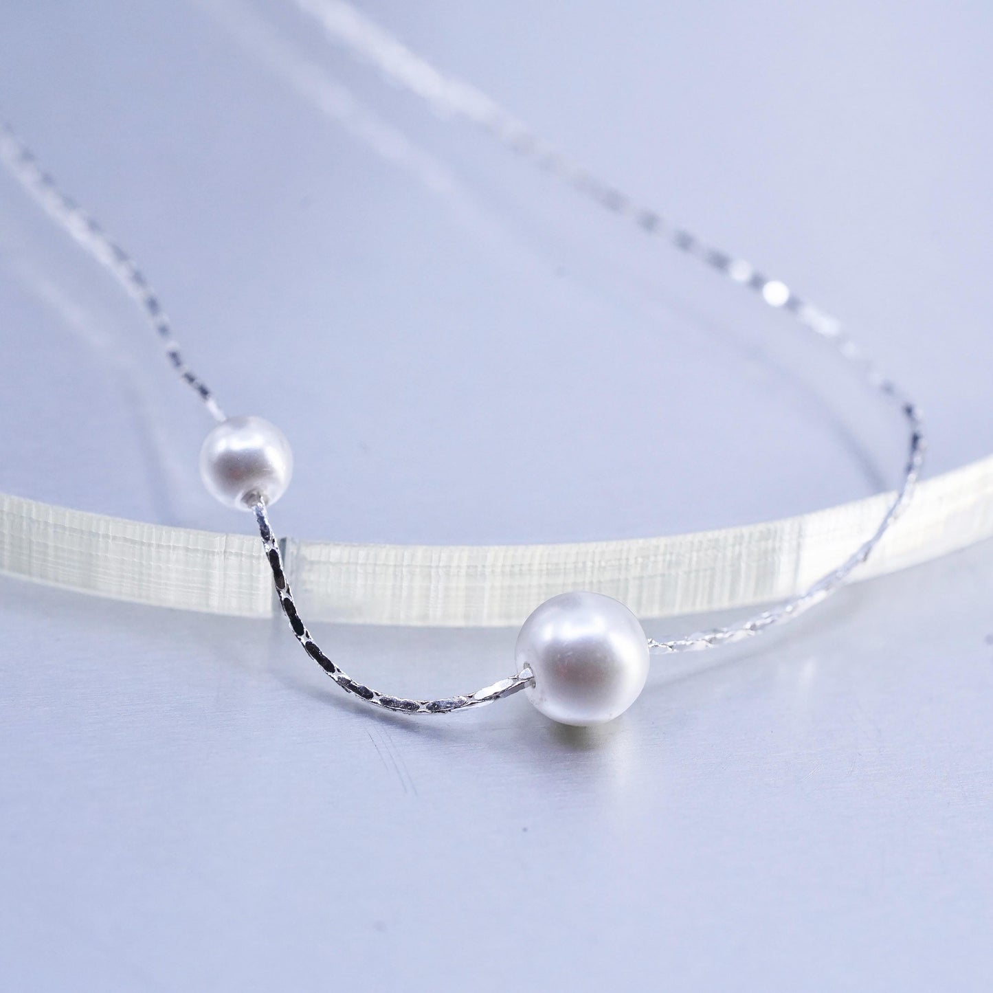16+1", vintage Sterling 925 silver handmade snake chain necklace pearl beads