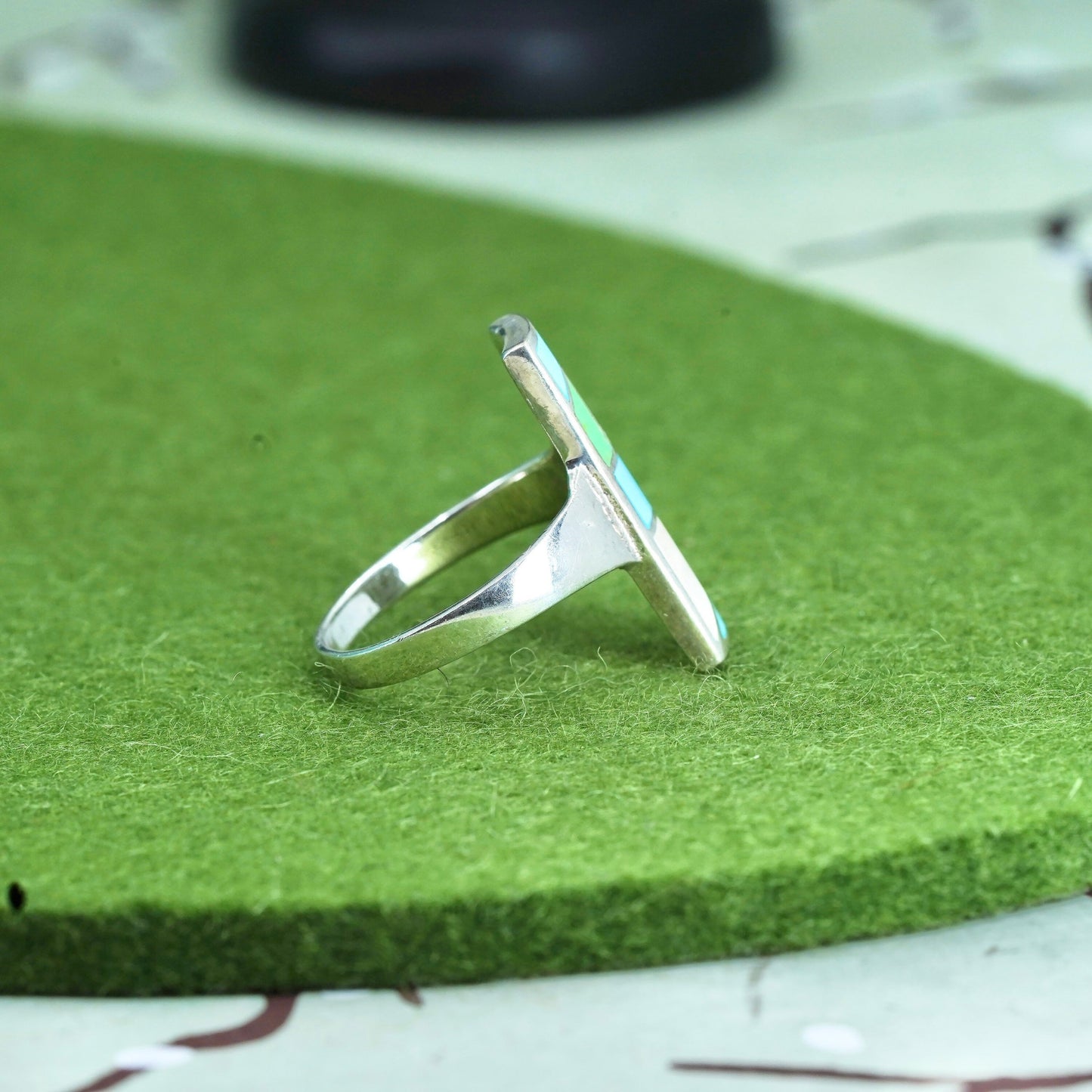 Size 9, Vintage sterling silver handmade ring rectangular mother of pearl inlay