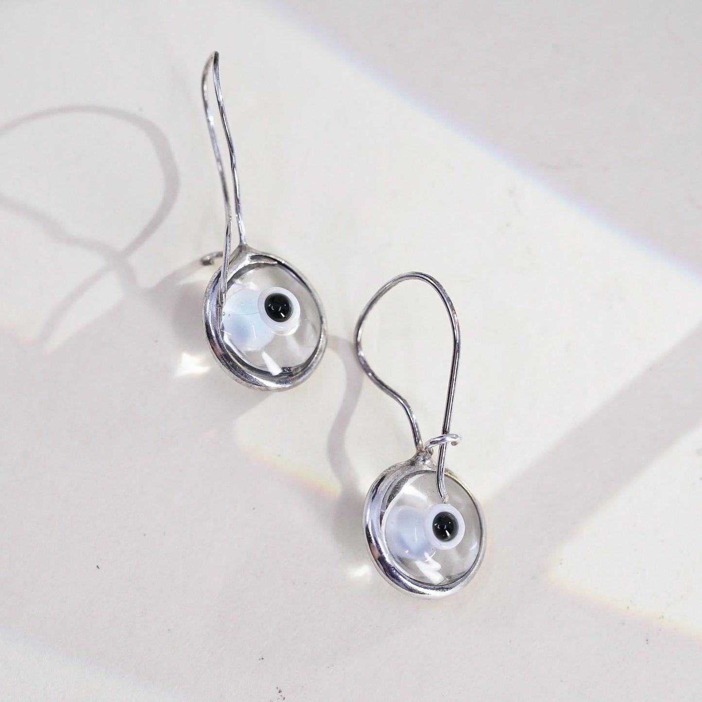 Vintage 925 Sterling silver handmade earrings with glass evil eye dangles