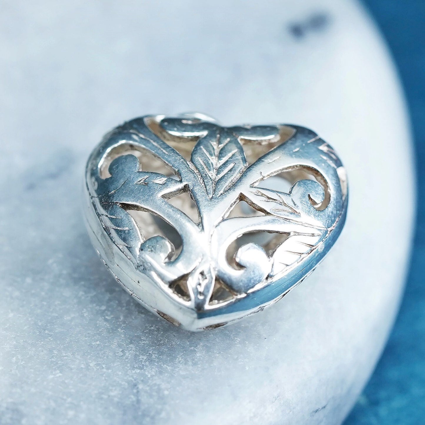 Vintage Sterling silver handmade pendant, puffy 925 filigree heart