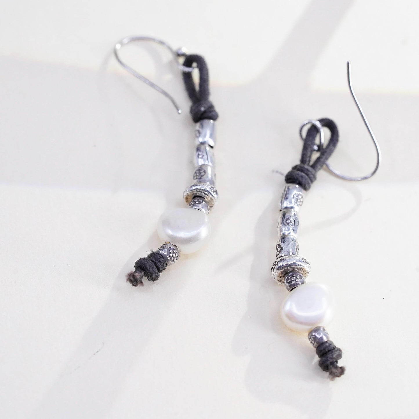 Vintage 925 Sterling Silver Leather Textured Earrings with pearl beads
