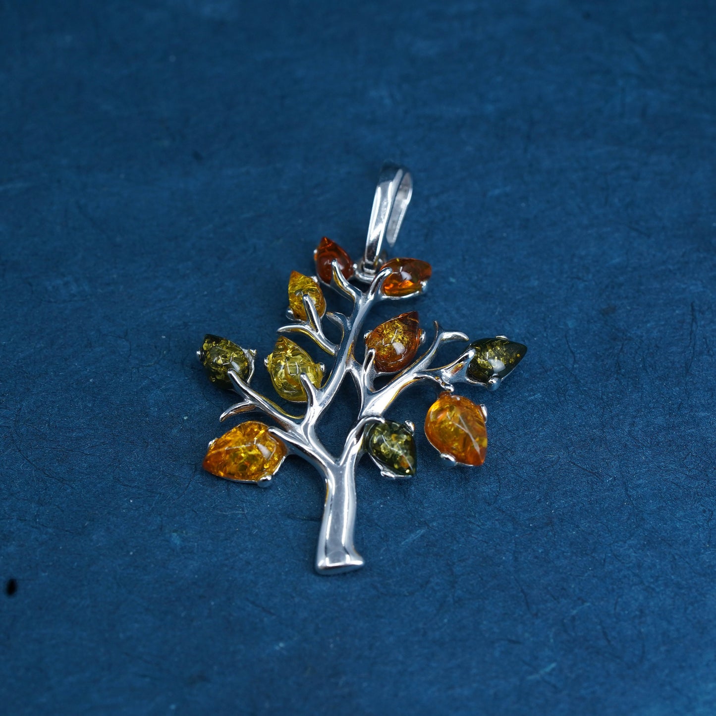 Vintage Sterling silver handmade pendant, 925 family tree with amber