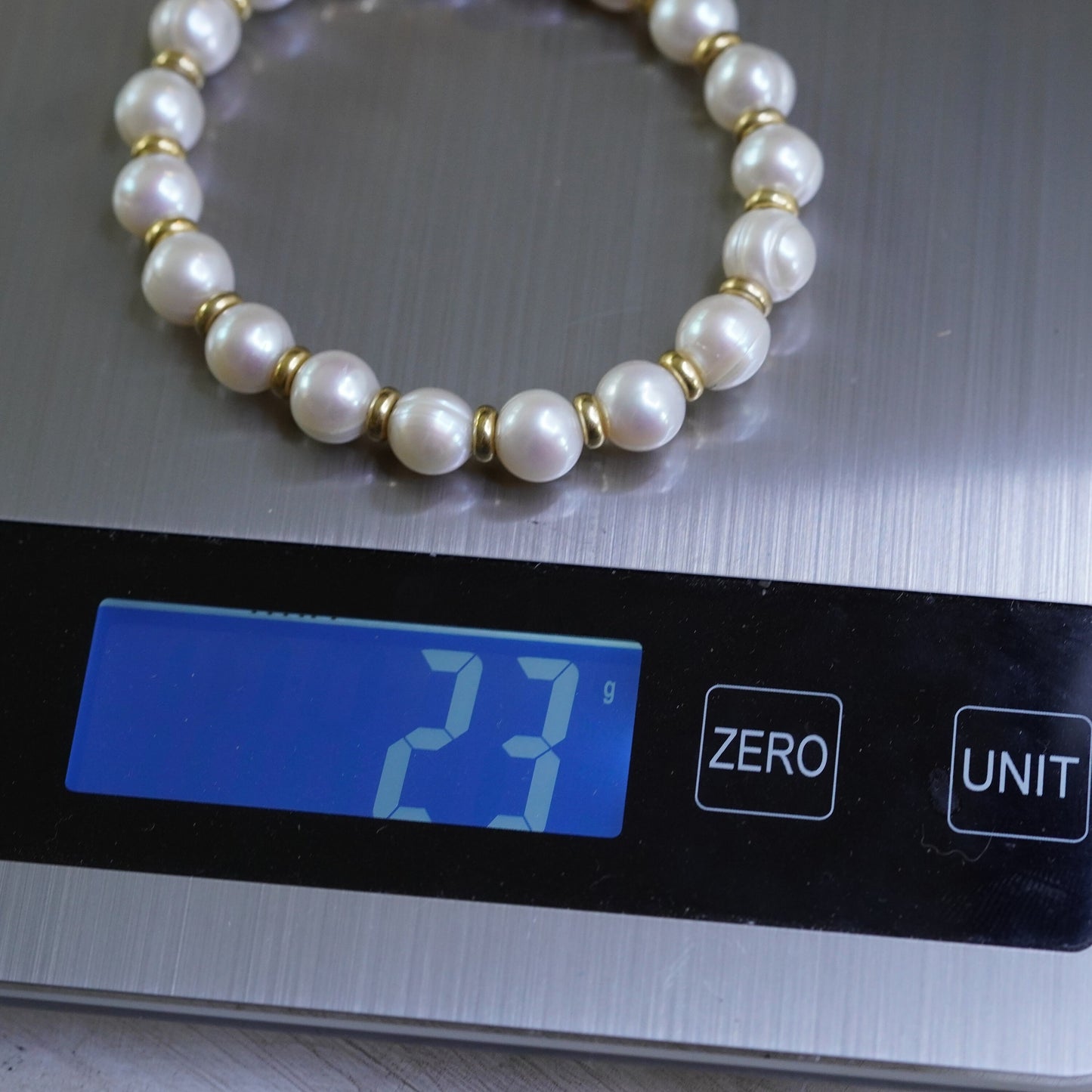 7”, Italian yellow gold Sterling silver bead 10mm freshwater pearl bracelet