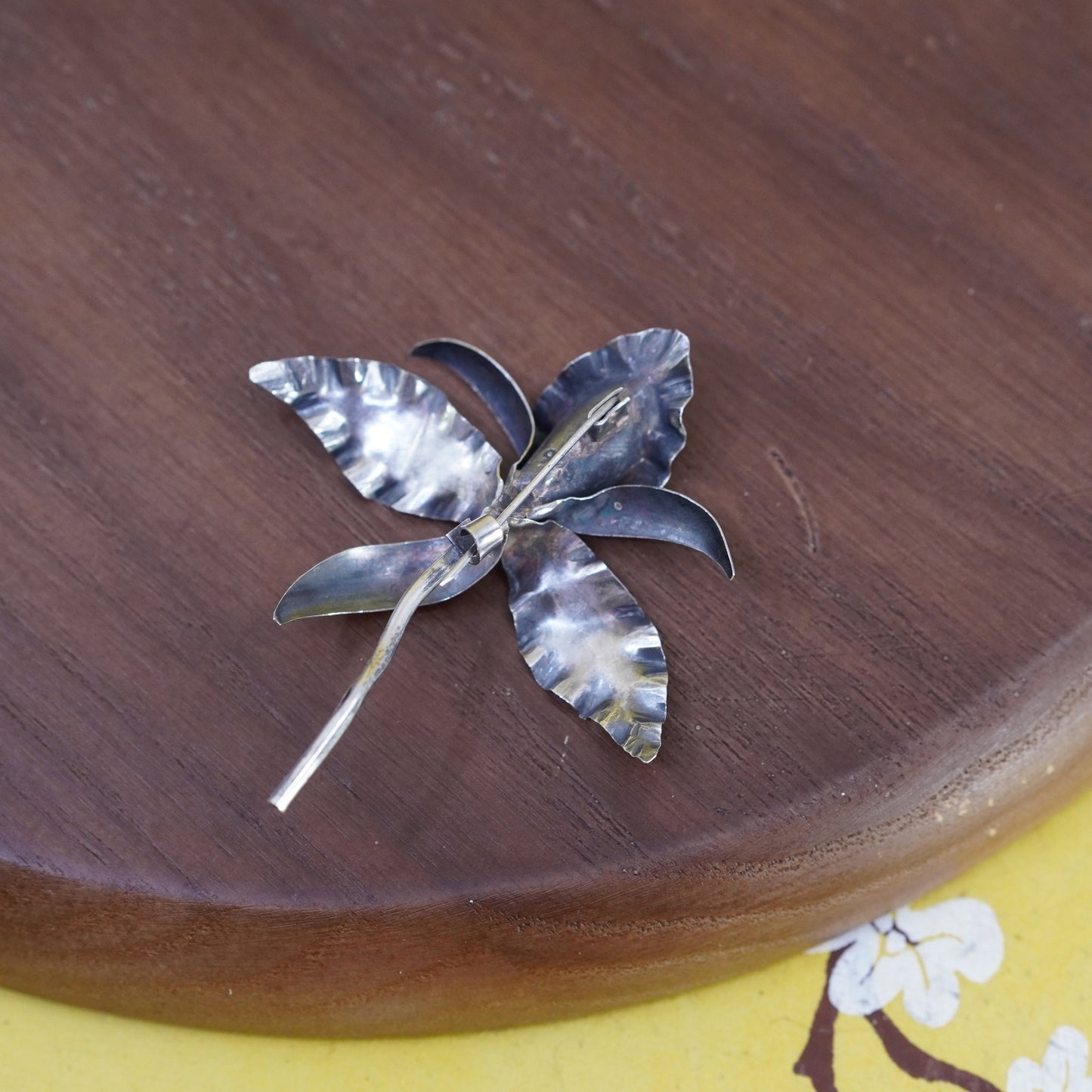 Vintage handmade sterling 925 silver orchid flower brooch