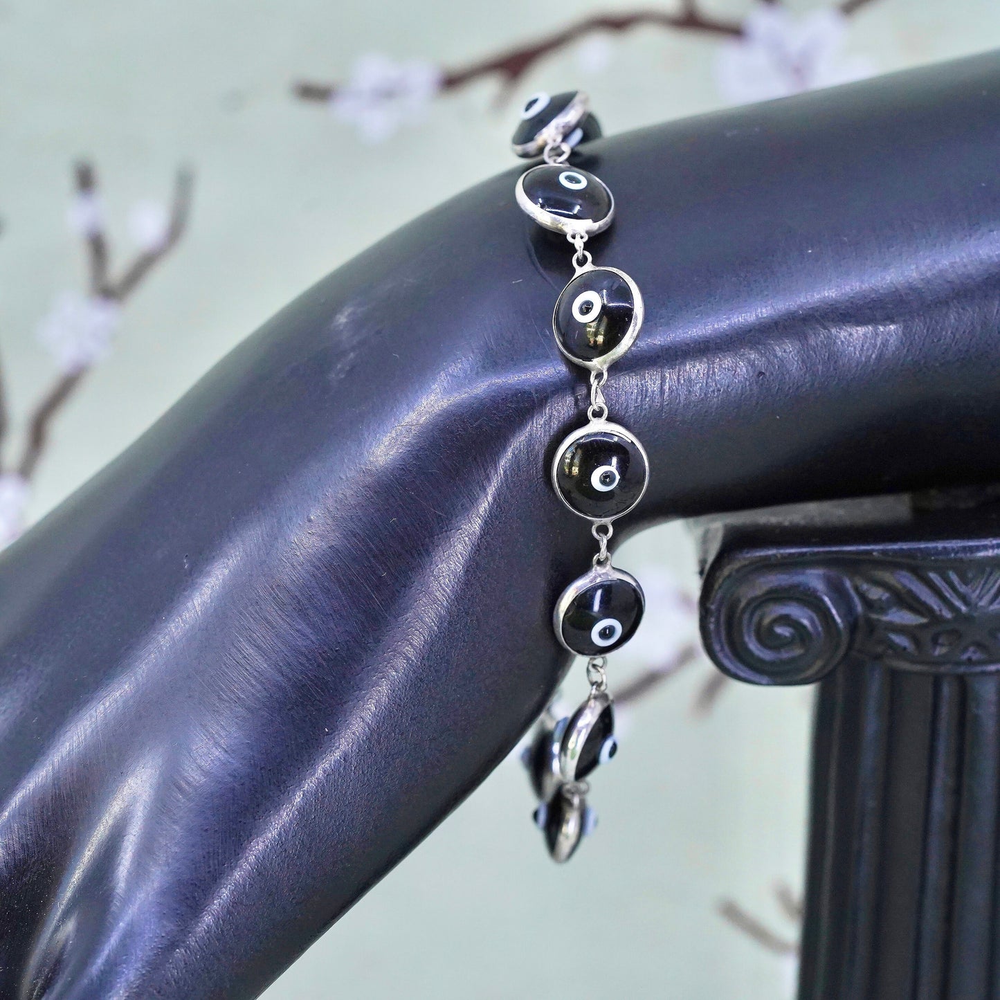 6.75”, vintage handmade sterling silver bracelet, black glass evil eye beads