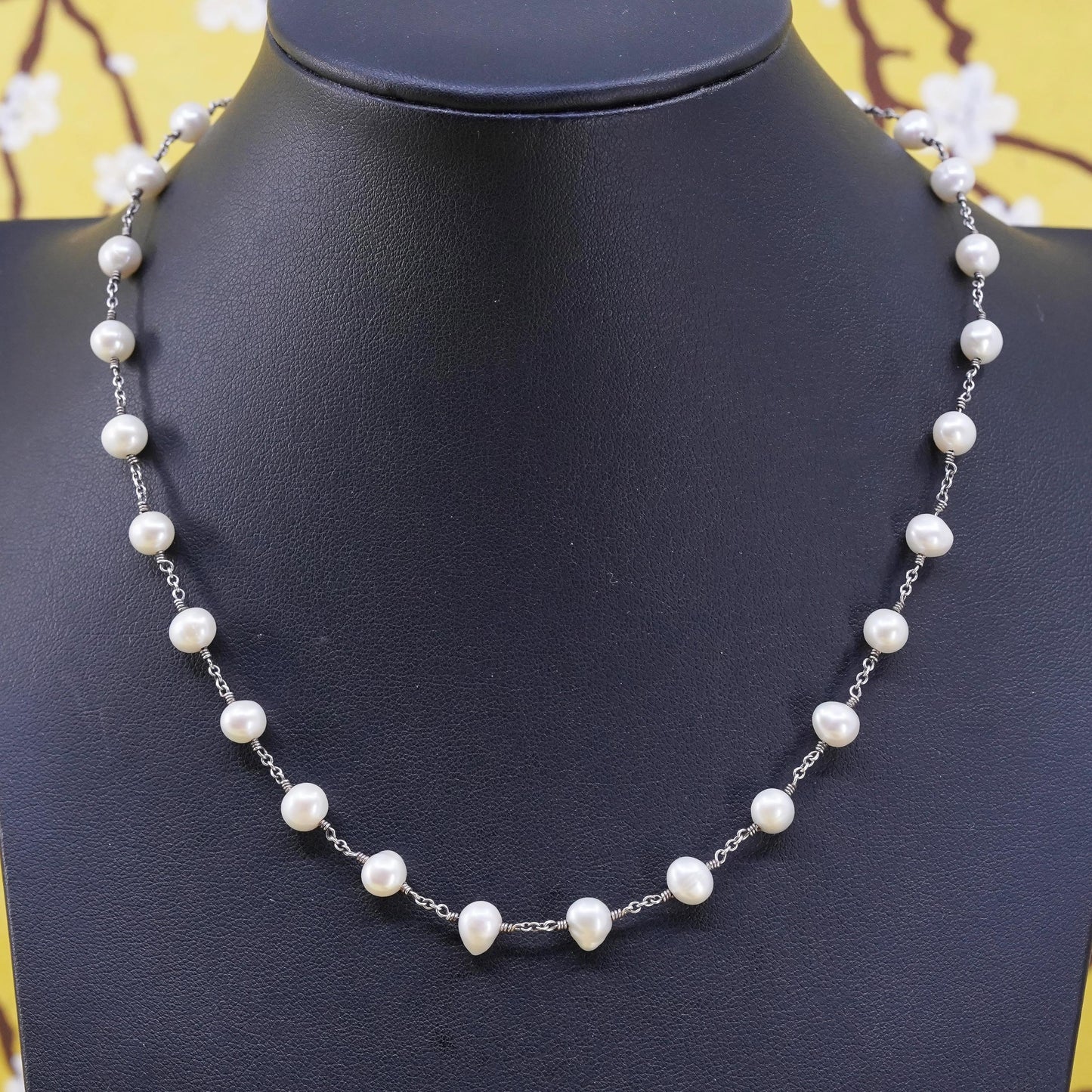 16", vintage Sterling 925 silver handmade necklace with 6mm pearls beads