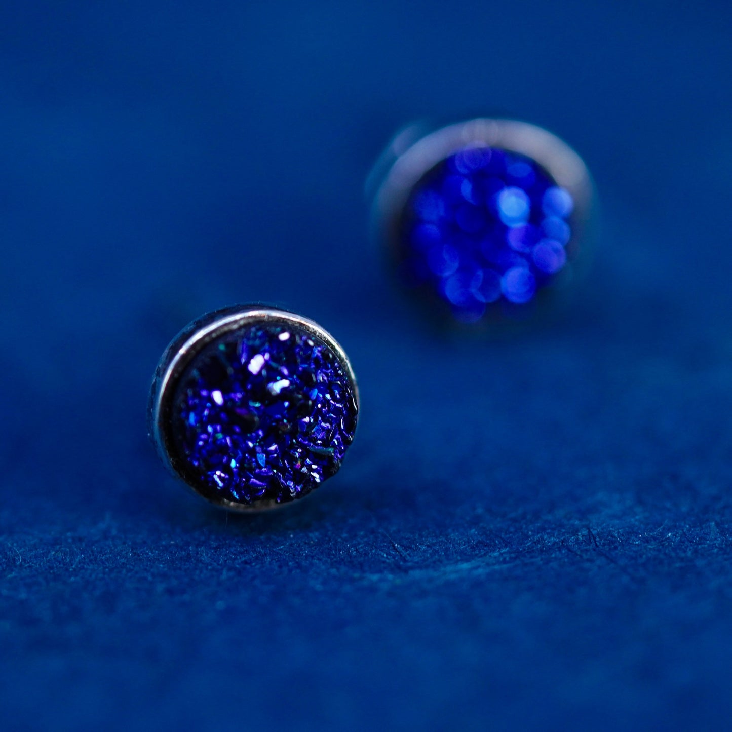 Vintage sterling silver handmade earrings, 925 round studs with purple druzy