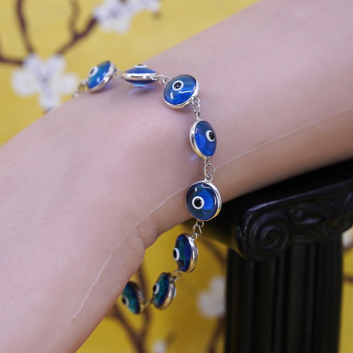 6.75", vintage sterling 925 silver handmade bracelet blue evil eye bracelet