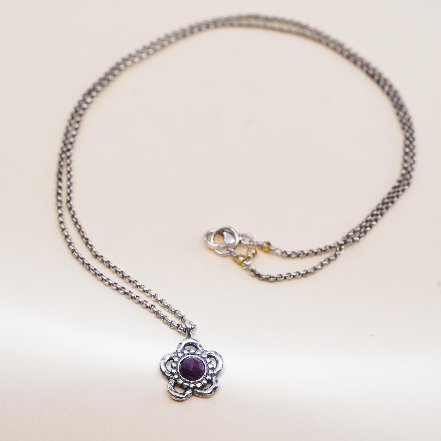 17", sterling silver necklace, 925 round box chain natural ruby flower pendant
