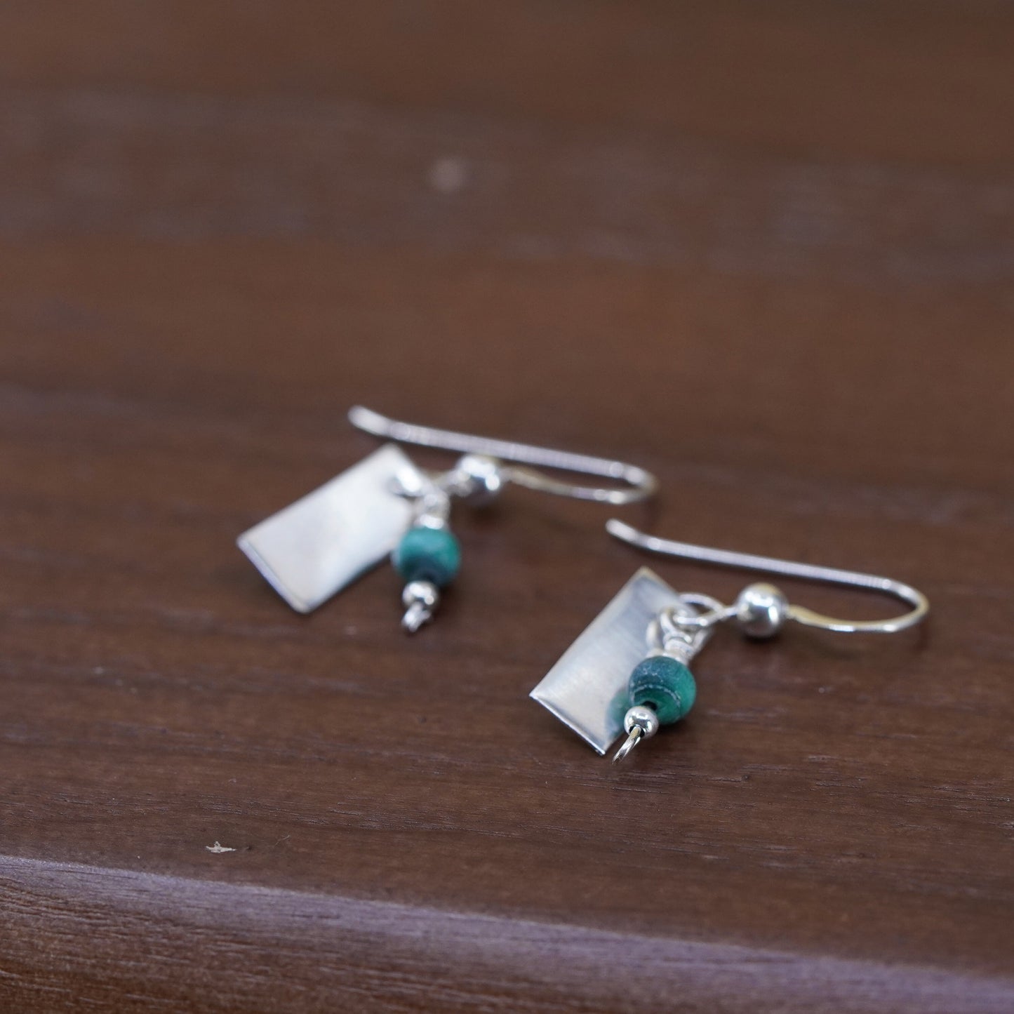 Vintage Sterling 925 silver handmade tag earrings with turquoise bead