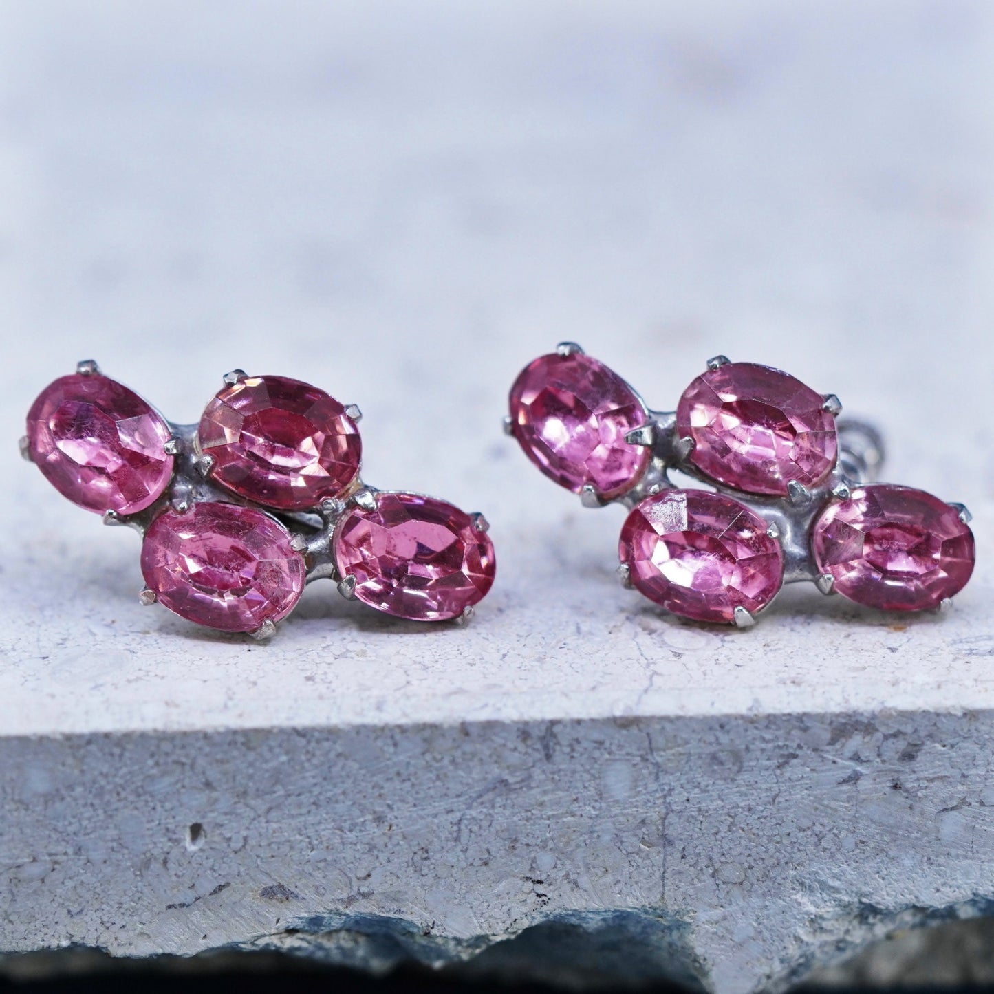 Vintage Sterling silver 925 screw back earrings with pink rhinestones