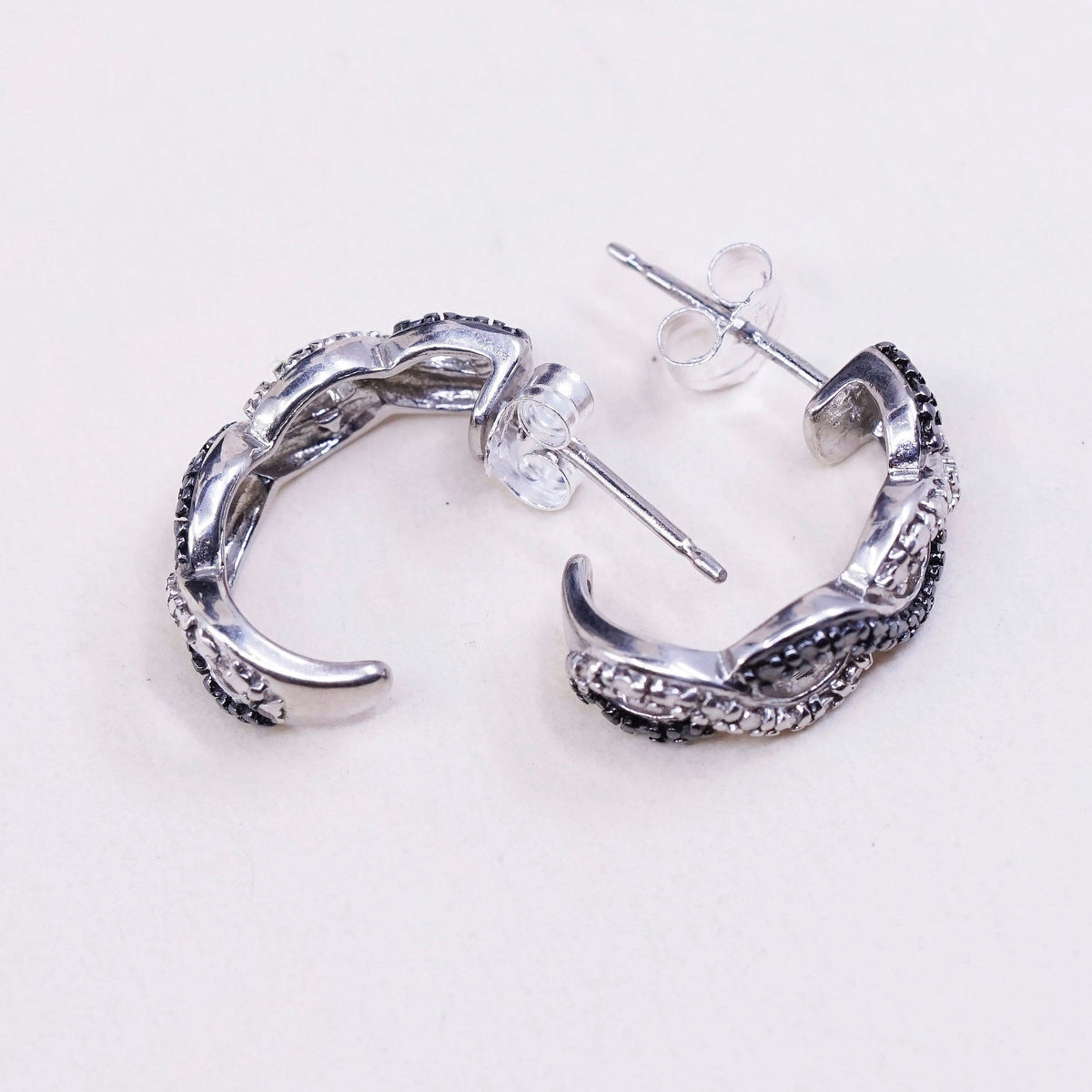 0.5”, Vintage sterling silver earrings, 925 silver huggie with genuine diamond
