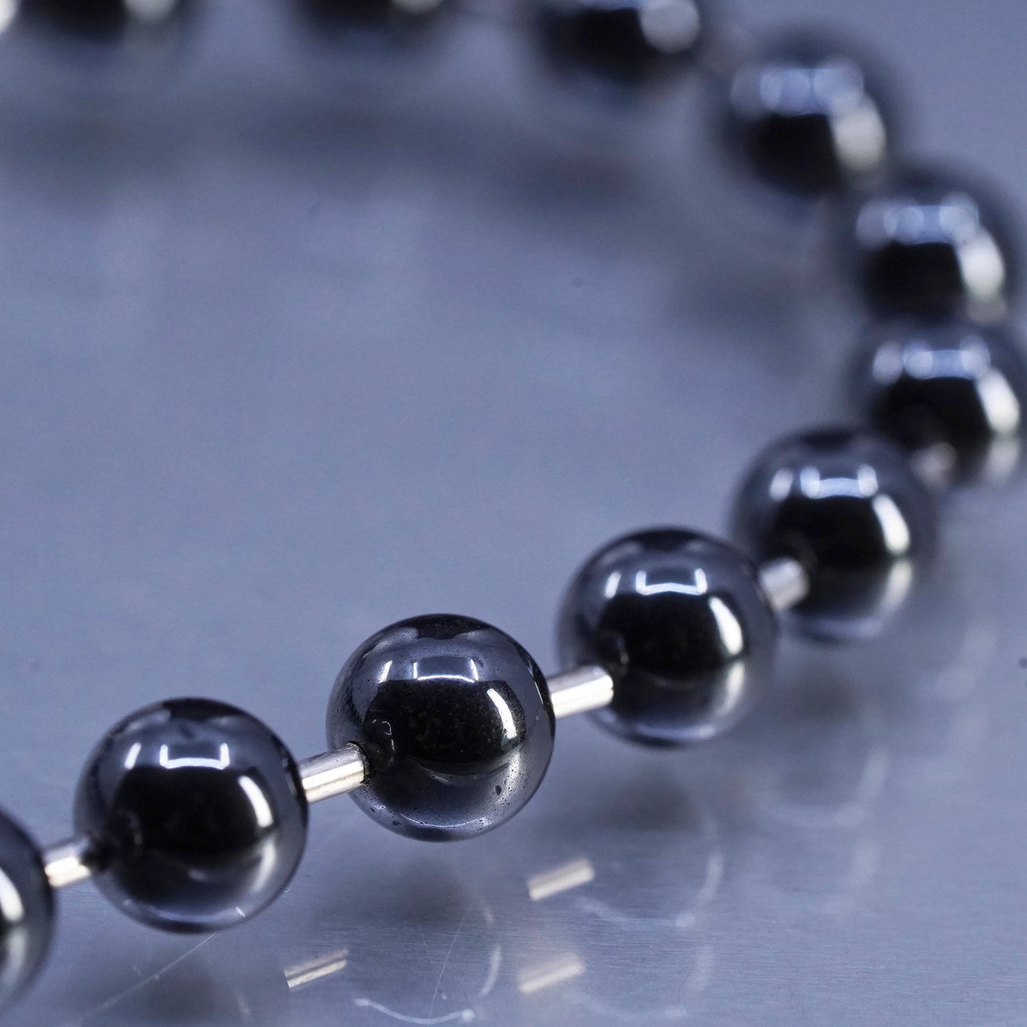 17" 7mm, Vintage Sterling 925 silver handmade necklace with hematite beads