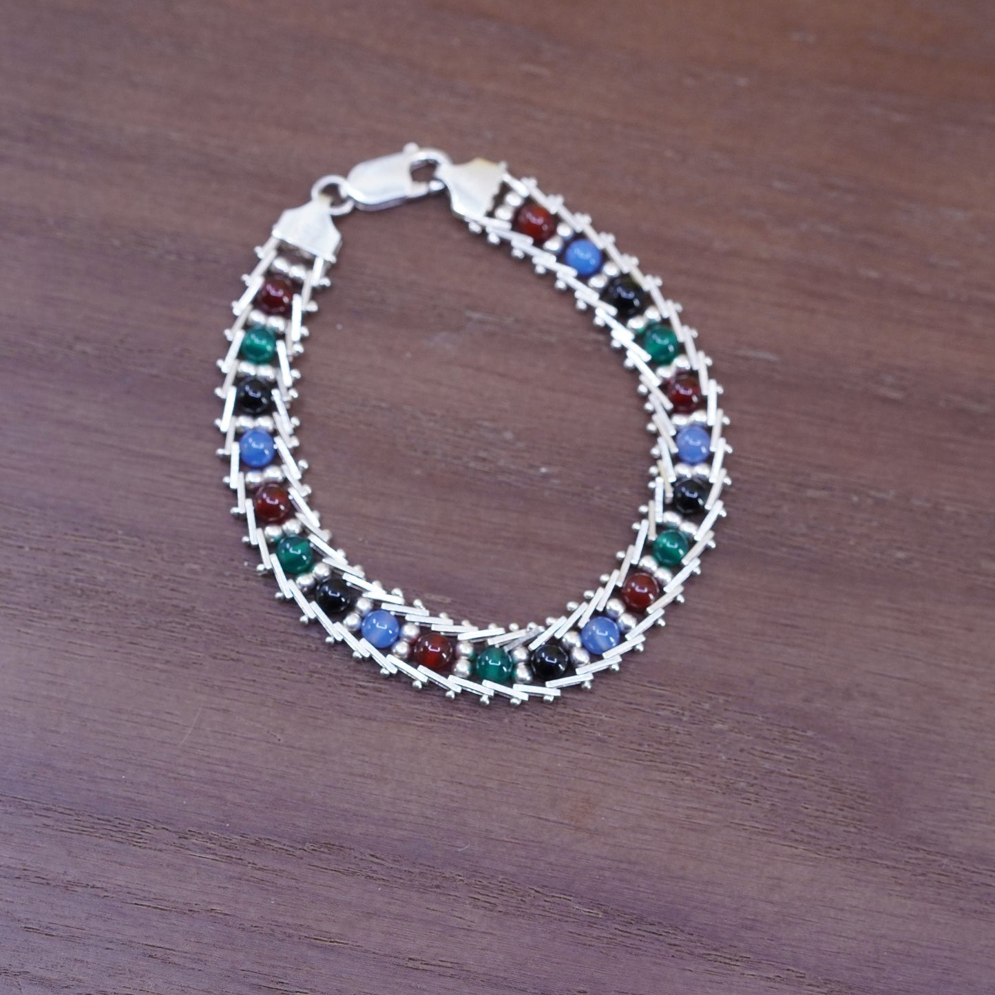 7”, Milor sterling silver link bracelet, 925 chain with colorful gemstone beads