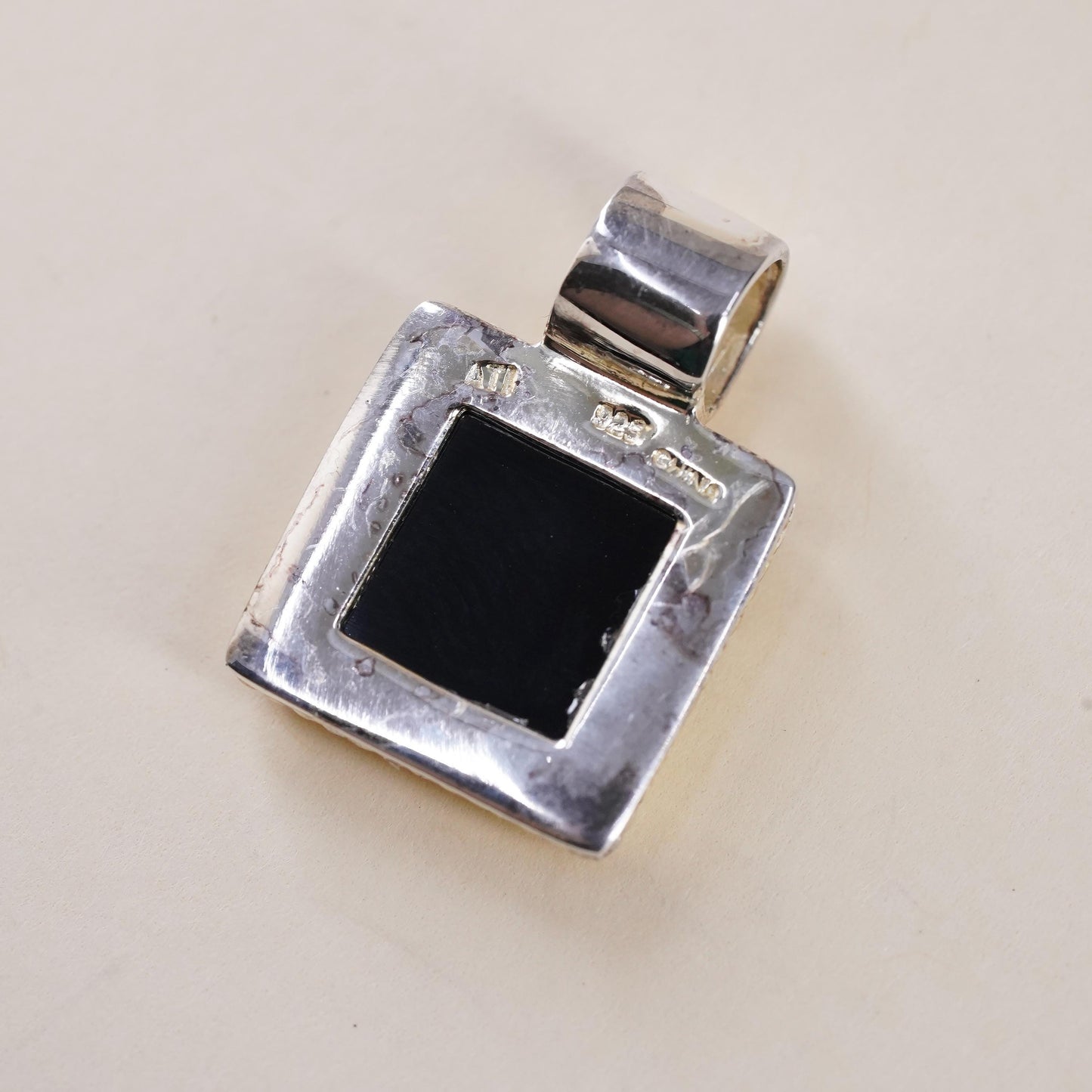 vintage handmade sterling 925 silver square pendant with black onyx